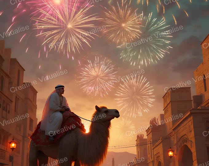 A Man Riding Camel in Old City Alley with Fireworks- Arabian Nights Inspired Scene