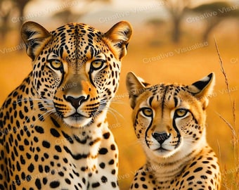 Cheetah and Cub Portrait Sitting in Savanna Looking at Camera Wildlife Art Print