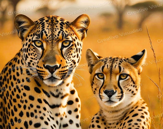 Cheetah and Cub Portrait Sitting in Savanna Looking at Camera Wildlife Art Print