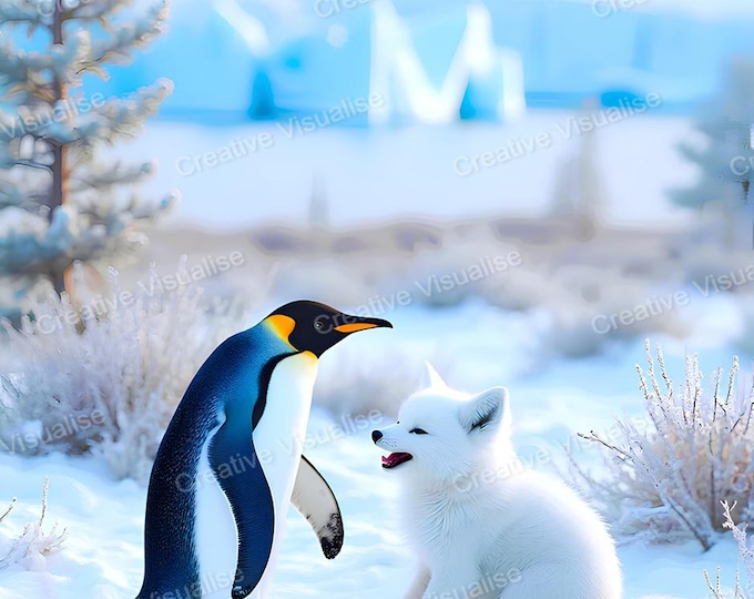 Penguin & Arctic Fox Photo Print, Winter Scene (Digital Download)