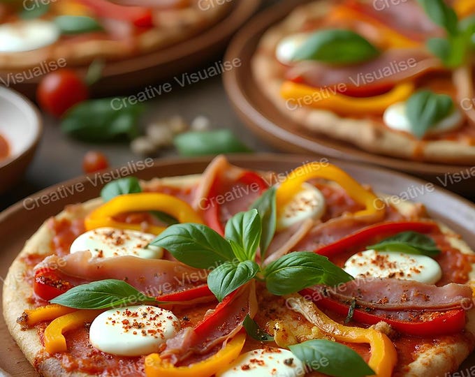 Pizza Dishes Topped with Ham, Bell Peppers, Basil, and Fresh Vegetables Arranged on Table