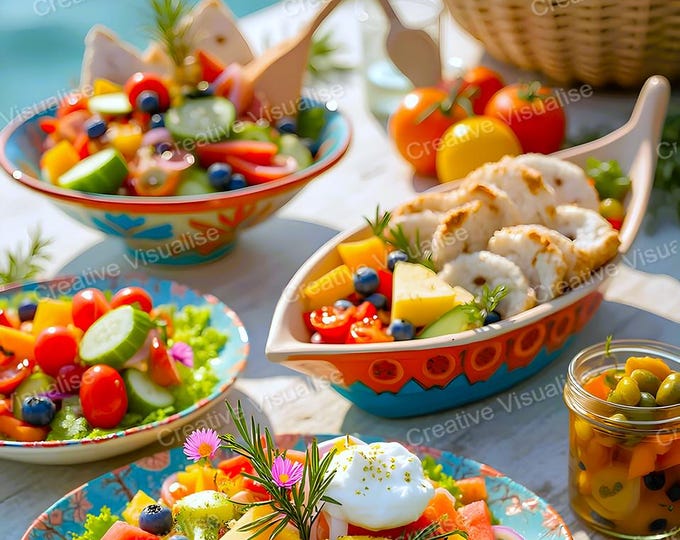 Fresh Vegetable and Fruit Salads on Beach Restaurant Table – Colorful Healthy Dining Scene