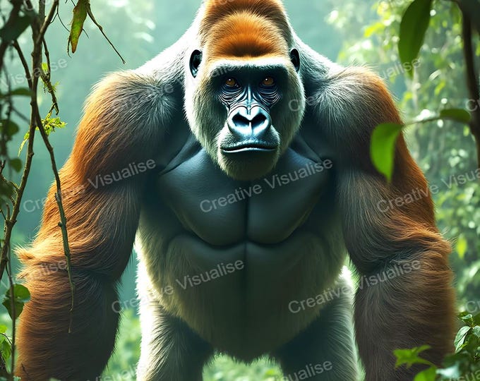 Giant Gorilla Standing Alone in Jungle Among Trees and Plants Staring at Camera