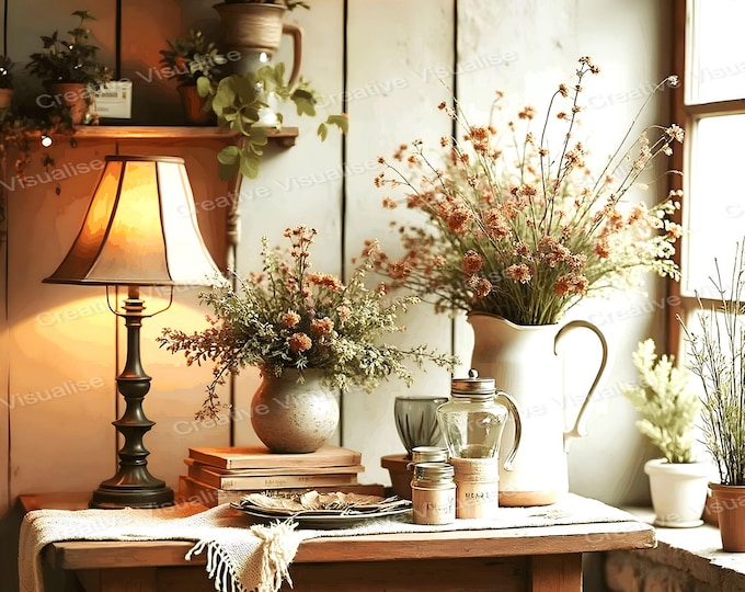 Vintage Rustic Room with Flower Bouquets, Vases and Tea Table Still Life