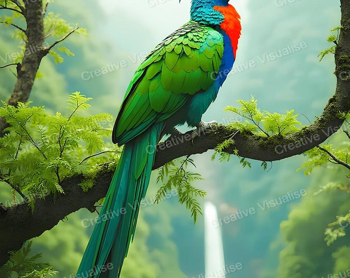 Goura Victoria on Branch with Waterfall Forest Printable Wall Art Digital Download High Resolution