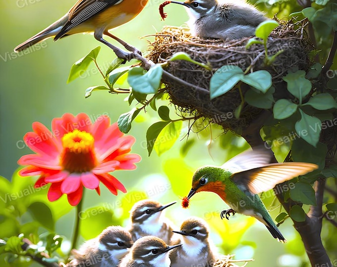 Birds Feeding Fledglings in Nest on Branch Printable Wall Art PNG PDF 300 DPI
