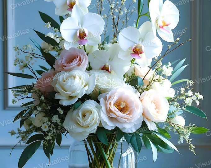 White Flower Bouquet in Glass Jar Printable Wall Art Floral Table Home Decor