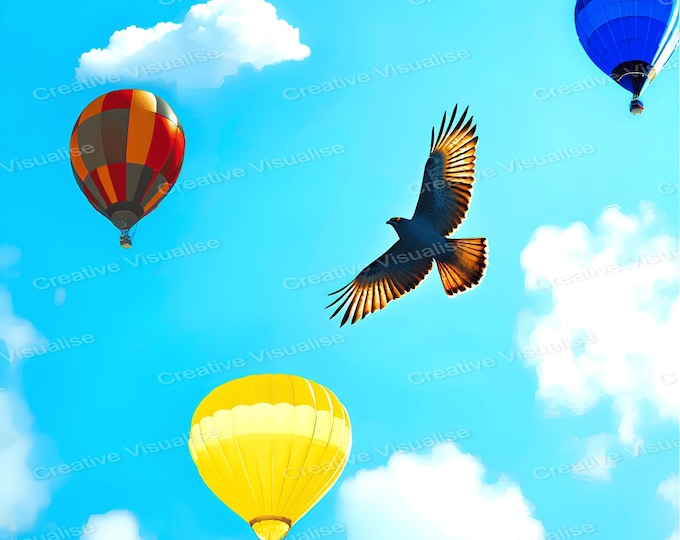 Eagle with Hot Air Balloons Wall Art Printable | Fantasy Sky Digital Download PDF & PNG