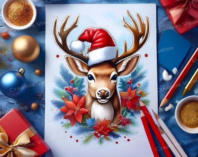Drawing Supplies with Pens and Christmas Decorations Beside Reindeer Sketch – Festive Creative Scene