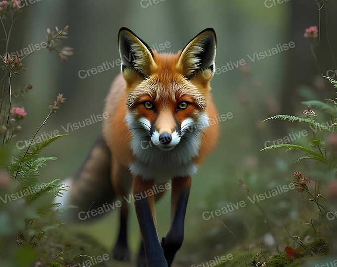 Red Fox Walking Through Forest – Woodland Wildlife Illustration Printable Wall Art