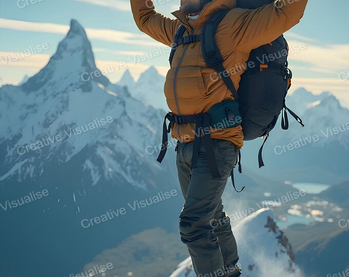 Mountaineer Celebrating on Snowy Peak with Raised Arms Under Bright Sun Above Mountains