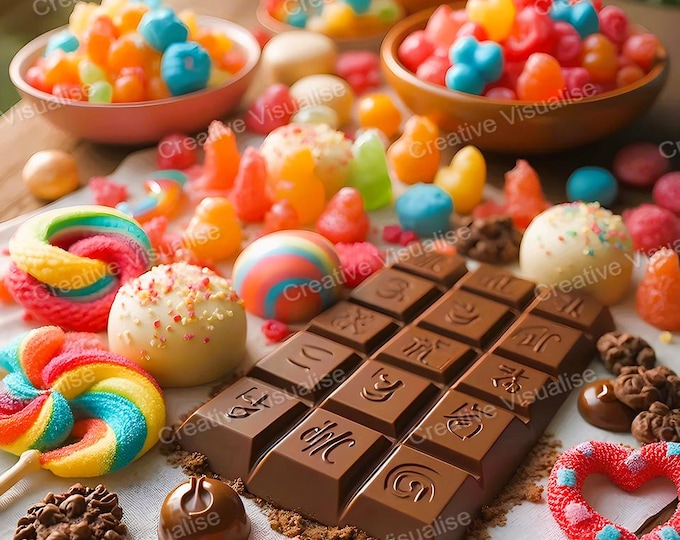 Colorful Chocolates, Jelly, Candies, and Assorted Sweets on Table – Fun Dessert Scene