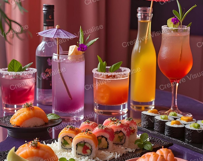 Elegant Table Setting with Assorted Sushi, Juices, and Cocktails – Gourmet Dining Scene