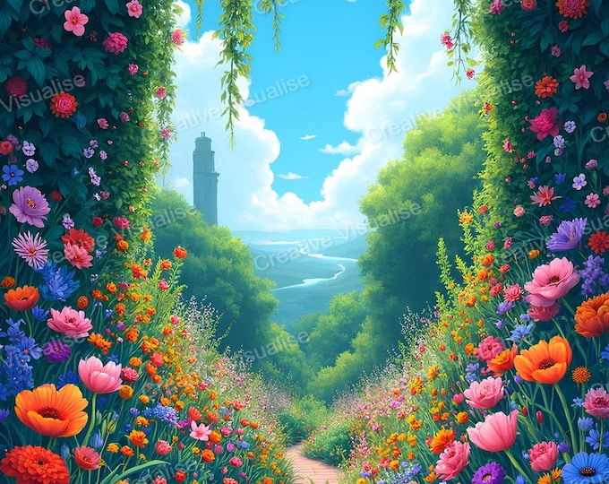 Mountain Top View of Lush Plain and Sea Through Colorful Flower Garden Nature Photo