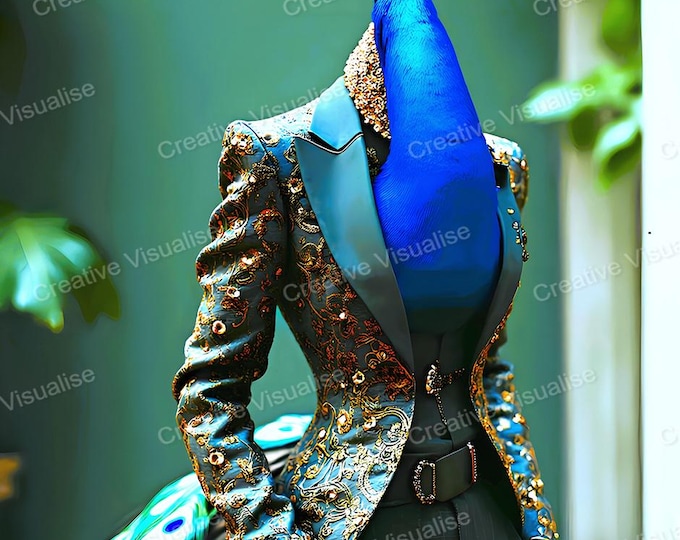 Peacock Dress Suit as Fashion Model Printable Wall Art Elegant Bird Digital Download