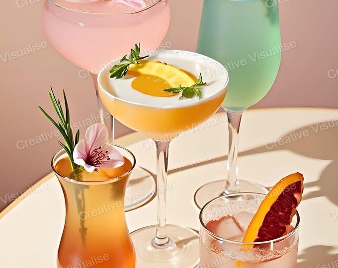 Assorted Drinks in Stylish Glasses with Decorative Garnishes on Table – Elegant Beverage Display