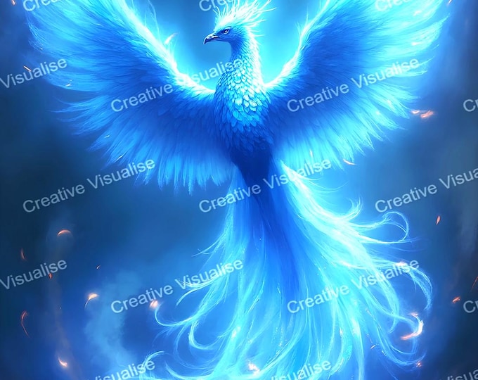 Blue Phoenix Flying at Night Beneath the Moon – Mythical Fantasy Bird Digital Art