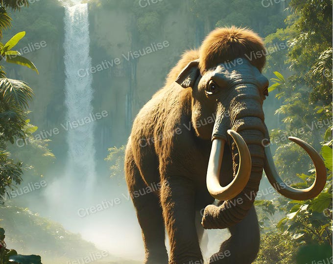 Majestic Mammoth Walking Beside Forest Waterfall Surrounded by Lush Trees and Misty Landscape