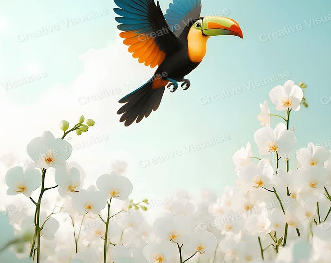 Flying Toucan Bird Above Orchid Flowers Printable Wall Art Digital Download High Resolution