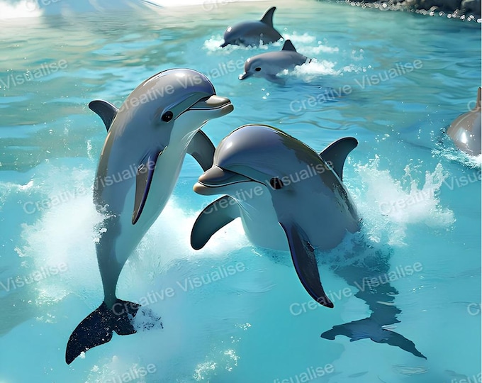 Dolphins Playing in Pond Beside Palm Tree Park in Bright Tropical Landscape