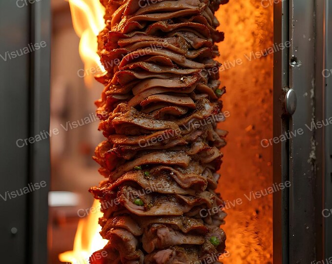 Rotating Doner Kebab on Large Skewer Being Grilled in Oven– Delicious Turkish Cuisine Artwork