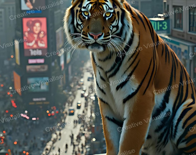 Tiger Sitting on Tower Roof in Modern City Looking at Camera Art Print