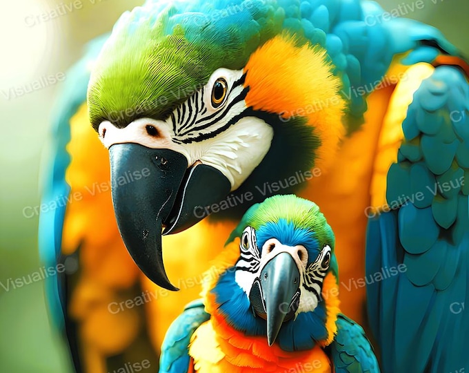 Mother and Baby Macaw Wall Art Printable | Tropical Bird Family Digital Download PDF & PNG