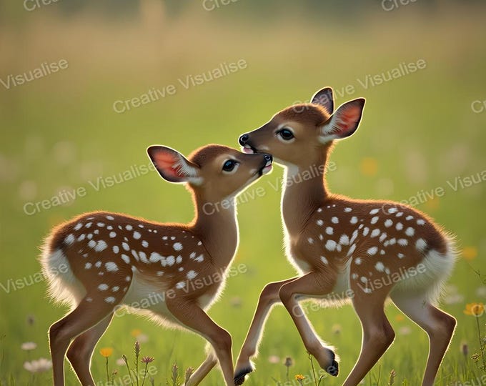 Two Baby Deer Playing Together in Grassy Field Landscape Under Open Sky