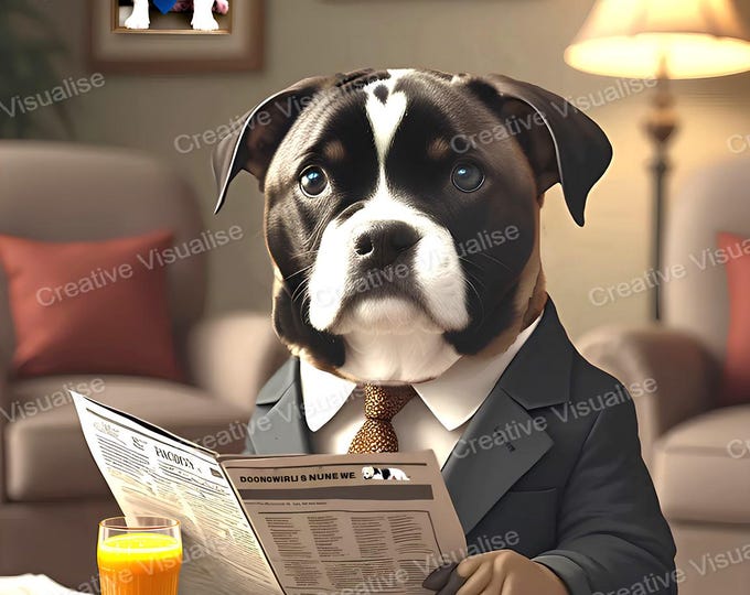 Fantasy Dog Wearing Suit Sitting at Desk Reading Newspaper and Drinking Orange Juice