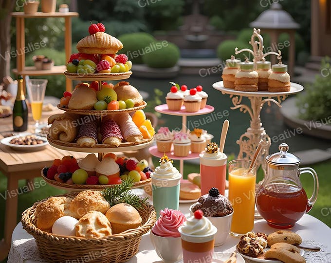 Stylish Garden Banquet Table with Drinks, Ice Creams, Cakes, and Pastries for Evening Ceremony