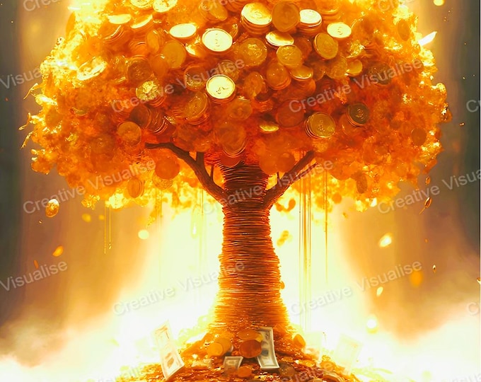 Fantasy Money Tree with Gold Coins and Banknotes Shining Like the Sun