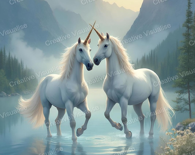 Two Unicorns Standing in Misty Lake Between Mountains During Early Morning Sunrise