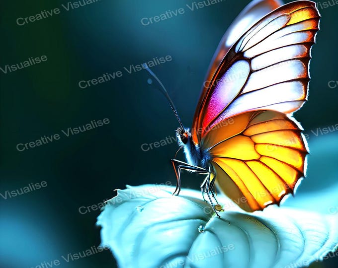Close-up of a colourful butterfly on a leaf under moonlight at Night