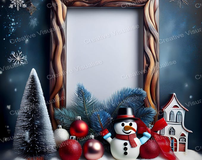 Wooden Picture Frame with Snowman and Christmas Decorations – Cozy Holiday Scene Digital Print