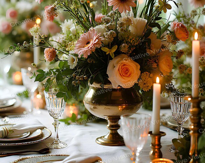 Elegant Table Settings Digital Print with glassware set, Candlelight Flowers Wall Art Download