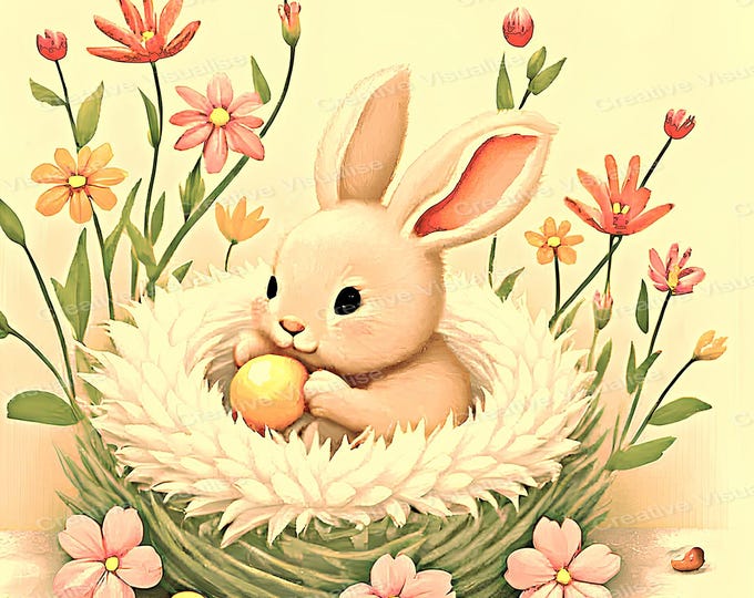 Baby Rabbit Sitting in Wool Hat Surrounded by Flowers Cartoon Style Art Print