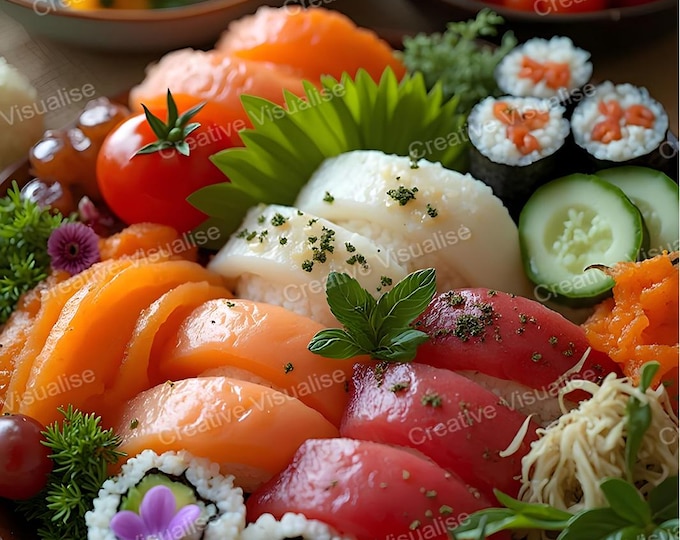 Table Setting: Elegant Japanese Cuisine Scene of Seafood Sushi, Vegetable Sushi, and Fresh Vegetables