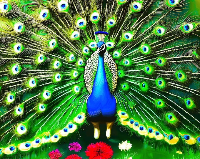 Peacock with Fanned Tail in Flowers Wall Art | Colorful Bird Digital Download PDF & PNG