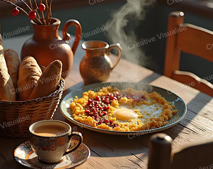 Rustic Local Breakfast with Mashed Potatoes, Pomegranate Seeds, Bread, Coffee and Pomegranate Branches vase