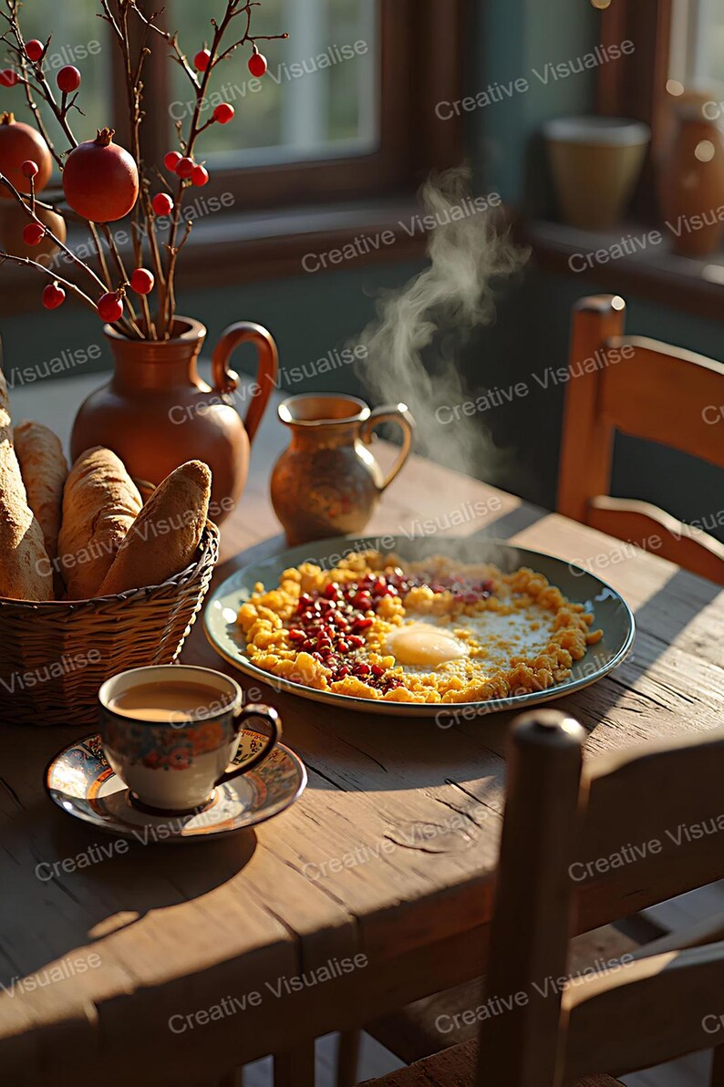 Rustic Local Breakfast With Mashed Potatoes, Pomegranate Seeds, Bread ...