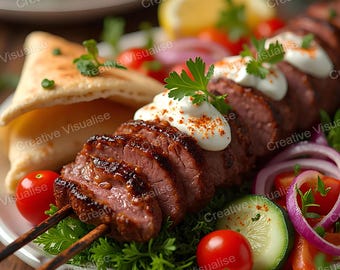 Danie z grilla z dodatkami warzywnymi, sosem i chlebem na stole – sztuka ścienna „Grilled Feast”