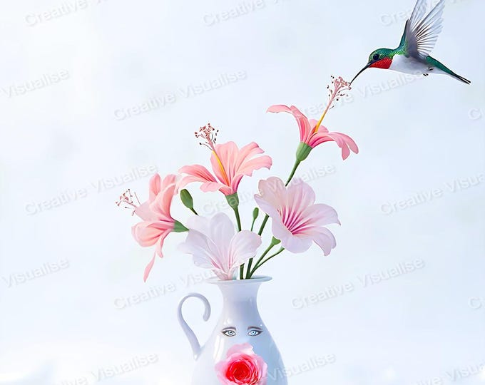 Pink Flowers in Funny Vase with Hummingbirds Printable Wall Art Whimsical Floral Decor