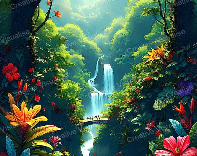Forest Park with Flowers, Waterfall, and Bridge Over River– Peaceful Nature Landscape Wall Art