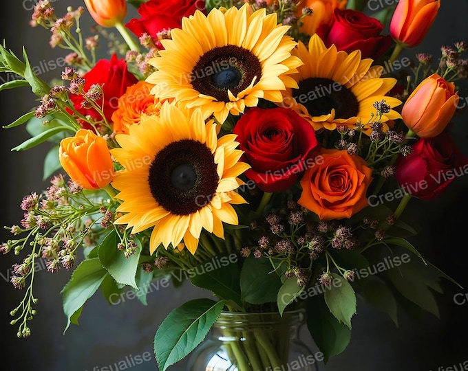 Rustic Vintage Colorful Flowers Bouquet in Glass Jar Printable Wall Art Floral Digital Download