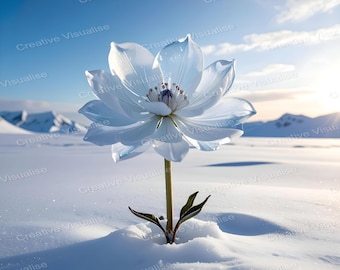 Große Eis-Blume, die im polaren Schnee unter hellem Frühling sonnigem klaren Himmel blüht