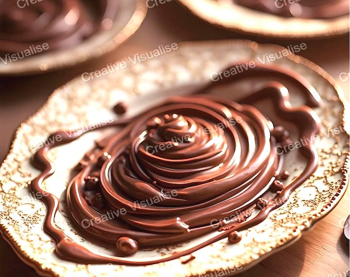 Liquid Chocolate Poured into Gold Patterned Porcelain Dishes Arranged Elegantly on Table