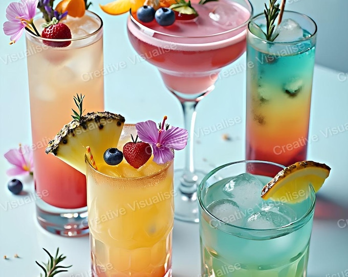 Assorted Drinks in Stylish Glasses with Pineapple and Fruit Garnishes on Elegant Table