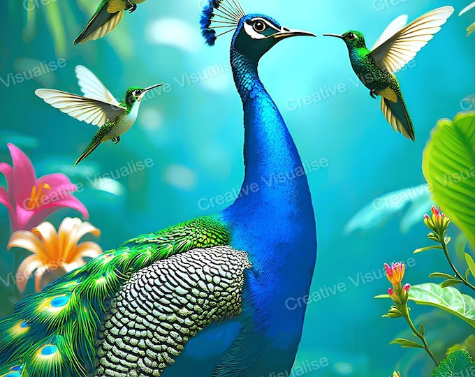 Hummingbird and Peacock Wall Art Printable | Colorful Bird Digital Download PDF & PNG