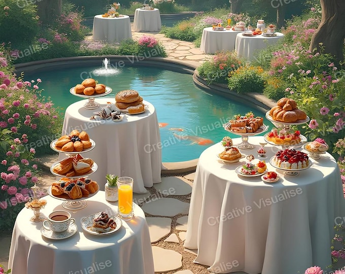 Elegant Garden Table Setting with Tablecloths, Desserts, Cakes, Juices, Tea by Pond with Fish