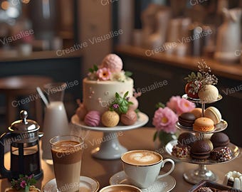 Coffee Shop Tisch mit Geburtstagskuchen, verschiedene Kuchen, Pralinen, Tee, Kaffee und Cappuccino
